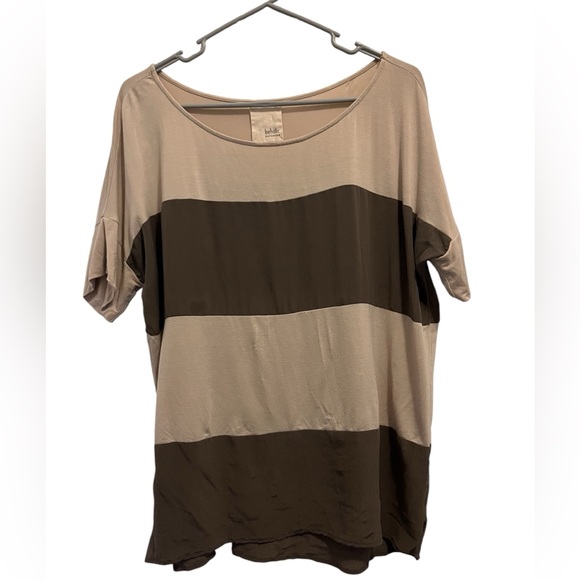 beholic Hollywood Women’s L Cotton, Silk Beige Brown Stripe Boxy Stretch Top - Picture 1 of 9
